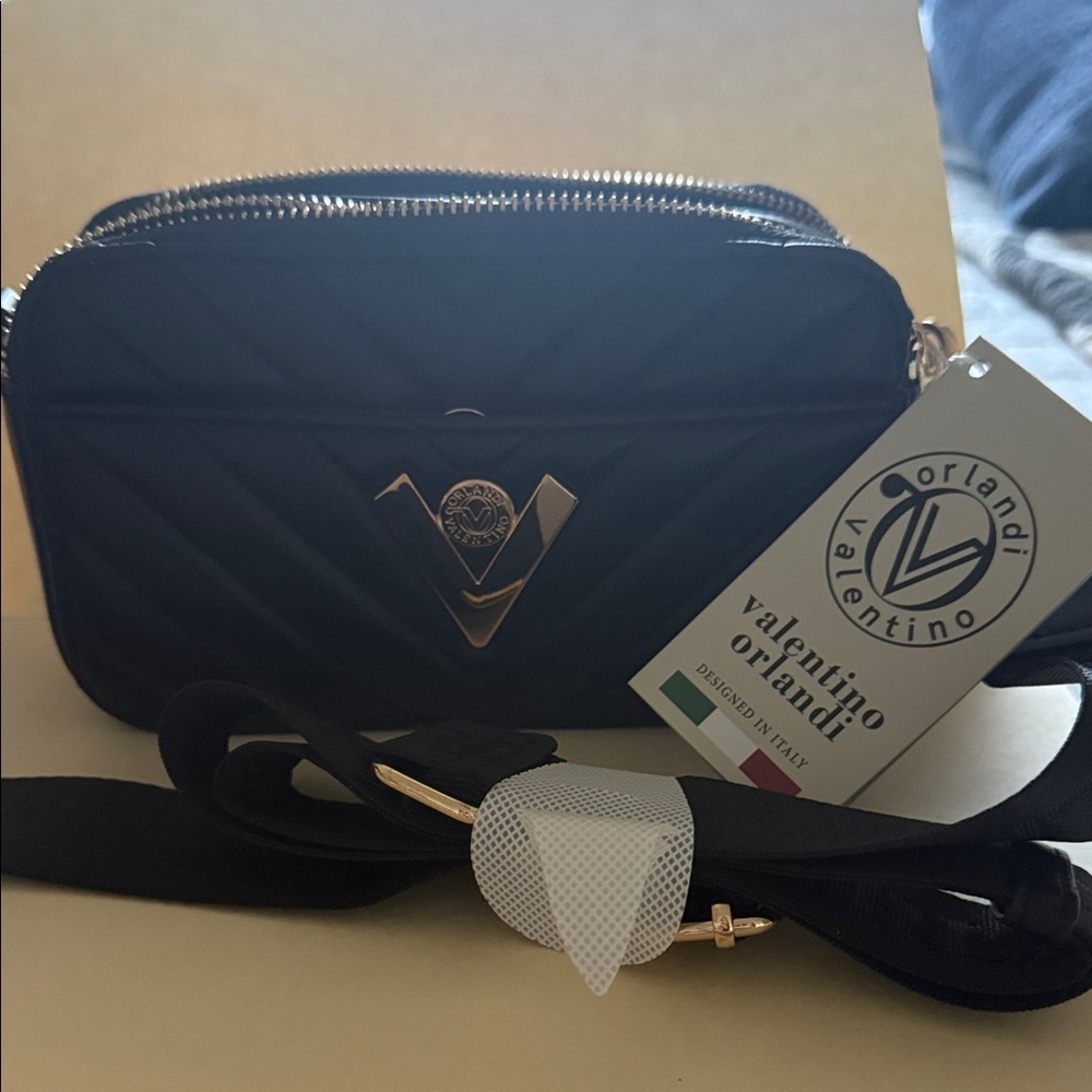 Valentino Orlandi Quilted Black Bag with Gold Details